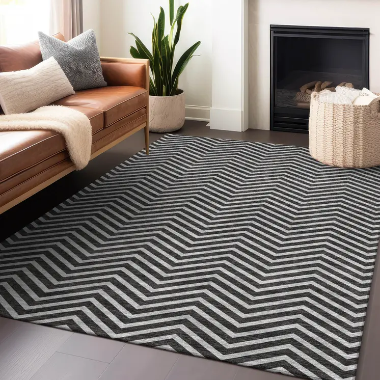 5' X 8' Black And Ivory Chevron Washable Indoor Outdoor Area Rug