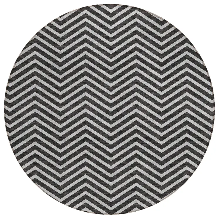 8' Black And Ivory Round Chevron Washable Indoor Outdoor Area Rug