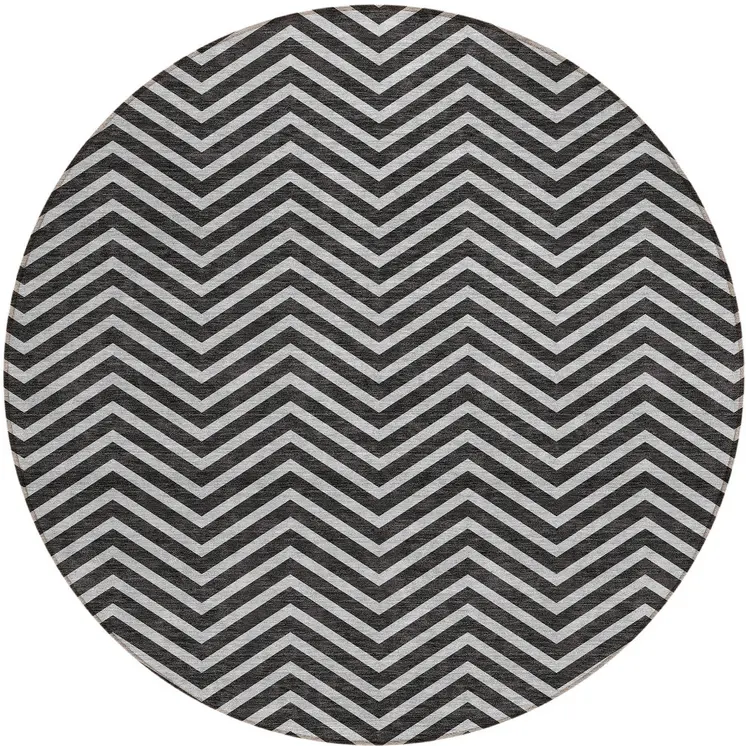 8' Black And Ivory Round Chevron Washable Indoor Outdoor Area Rug