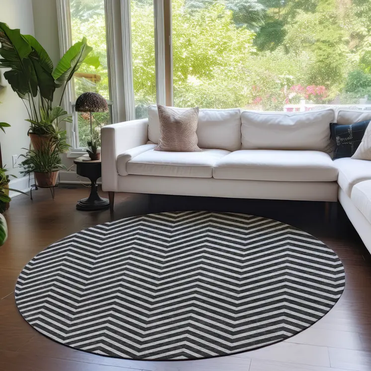 8' Black And Ivory Round Chevron Washable Indoor Outdoor Area Rug