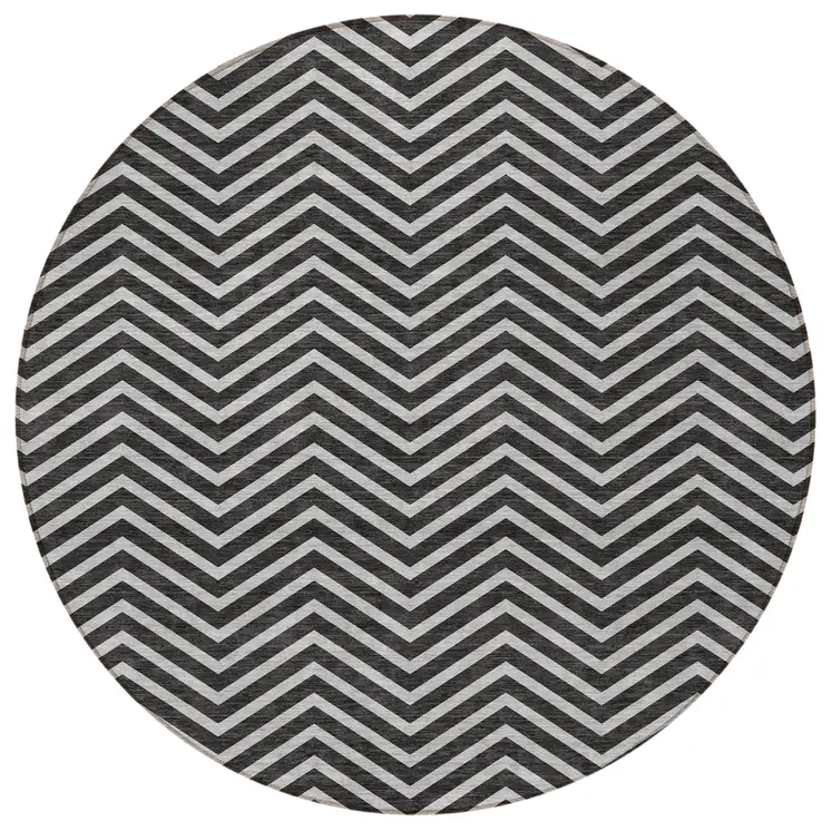 8' Black And Ivory Round Chevron Washable Indoor Outdoor Area Rug