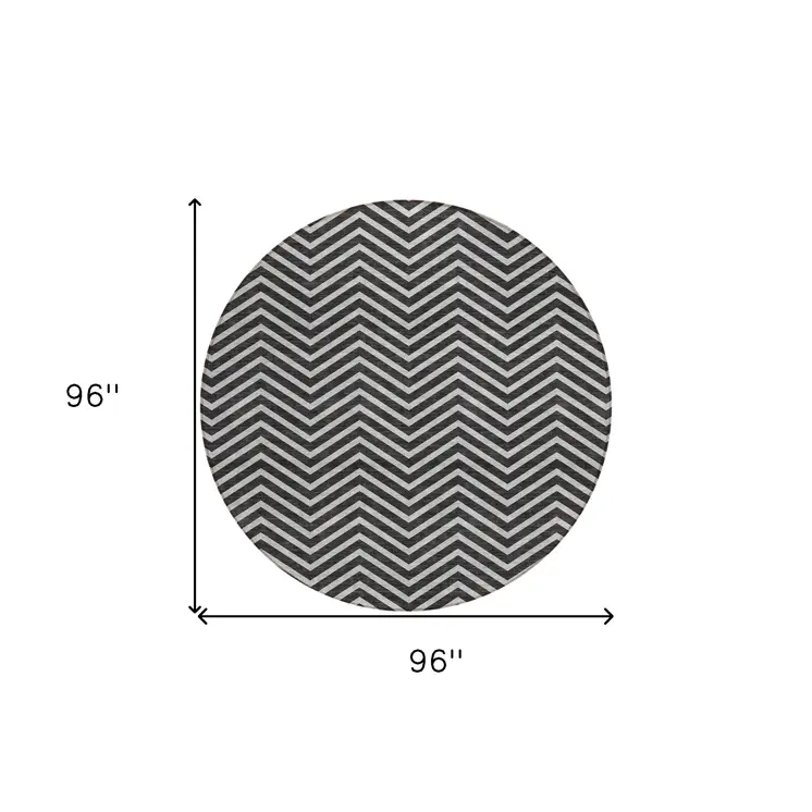 8' Black And Ivory Round Chevron Washable Indoor Outdoor Area Rug