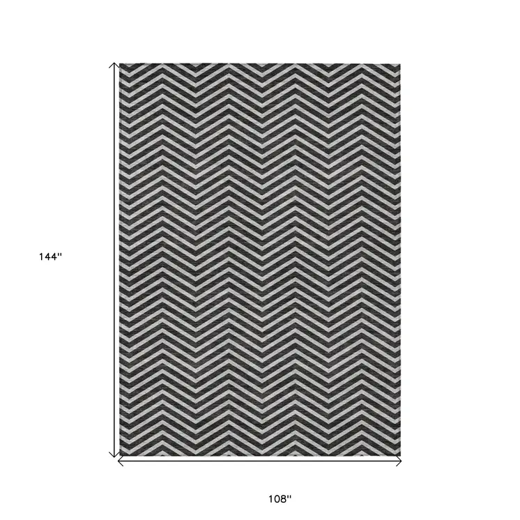 9' X 12' Black And Ivory Chevron Washable Indoor Outdoor Area Rug