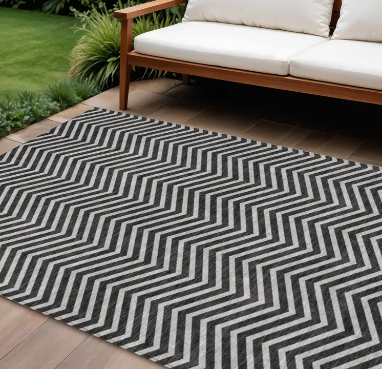 9' X 12' Black And Ivory Chevron Washable Indoor Outdoor Area Rug