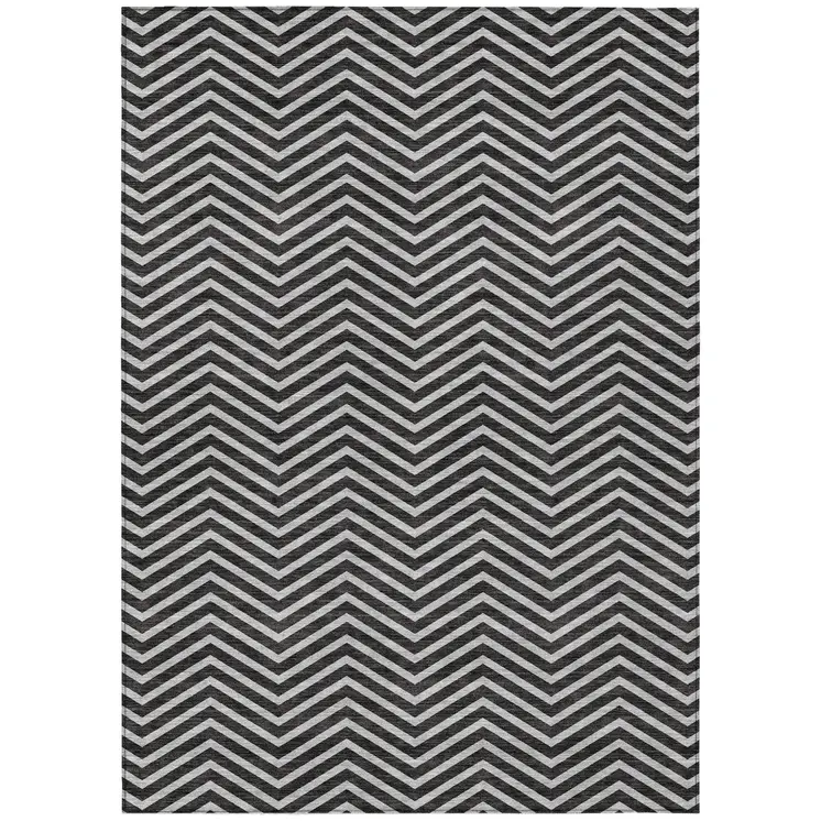 9' X 12' Black And Ivory Chevron Washable Indoor Outdoor Area Rug