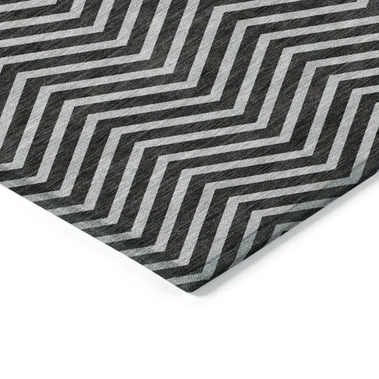 9' X 12' Black And Ivory Chevron Washable Indoor Outdoor Area Rug