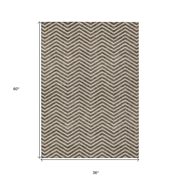 3' X 5' Brown And Beige Chevron Washable Indoor Outdoor Area Rug
