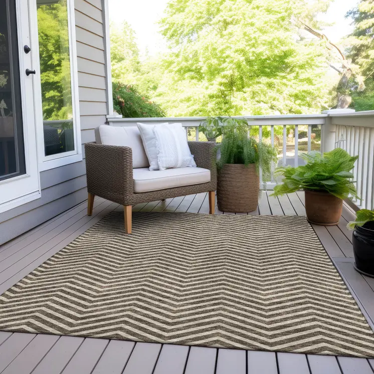 3' X 5' Brown And Beige Chevron Washable Indoor Outdoor Area Rug