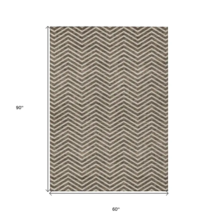 5' X 8' Brown And Beige Chevron Washable Indoor Outdoor Area Rug