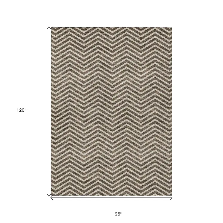 8' X 10' Brown And Beige Chevron Washable Indoor Outdoor Area Rug