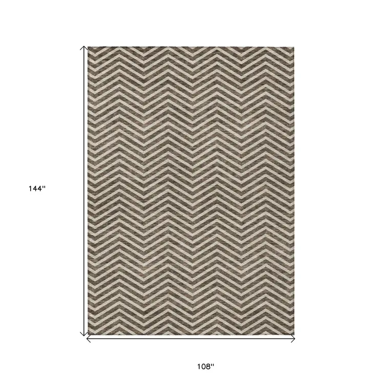9' X 12' Brown And Beige Chevron Washable Indoor Outdoor Area Rug