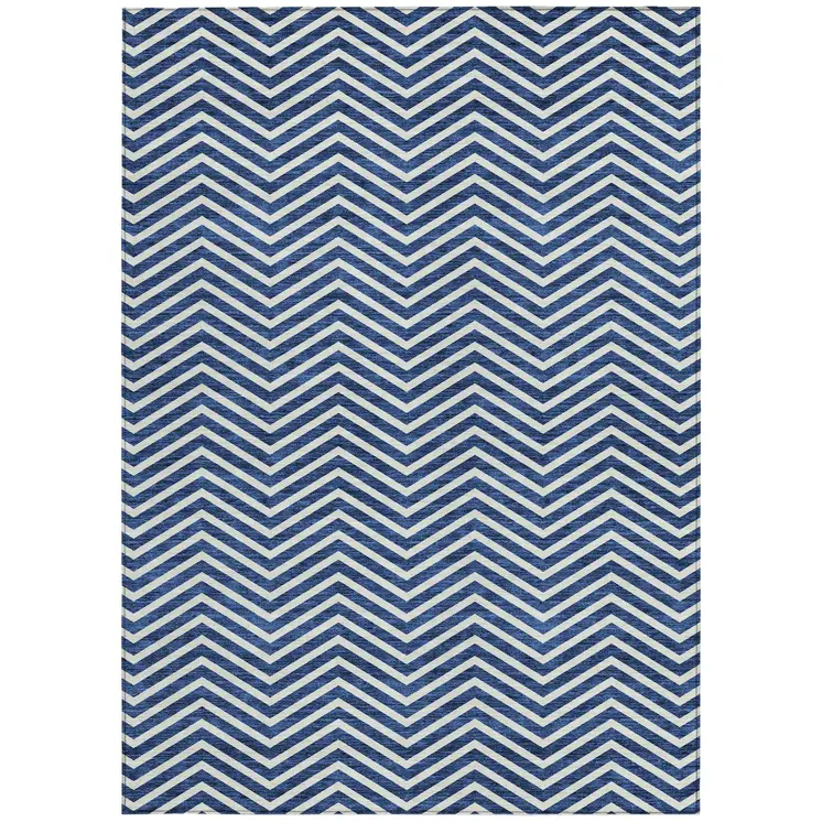 3' X 5' Blue And Ivory Chevron Washable Indoor Outdoor Area Rug