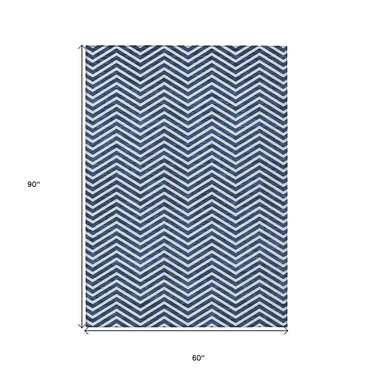 5' X 8' Blue And Ivory Chevron Washable Indoor Outdoor Area Rug