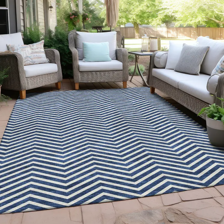 5' X 8' Blue And Ivory Chevron Washable Indoor Outdoor Area Rug