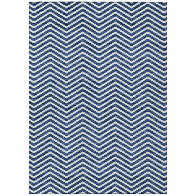 5' X 8' Blue And Ivory Chevron Washable Indoor Outdoor Area Rug