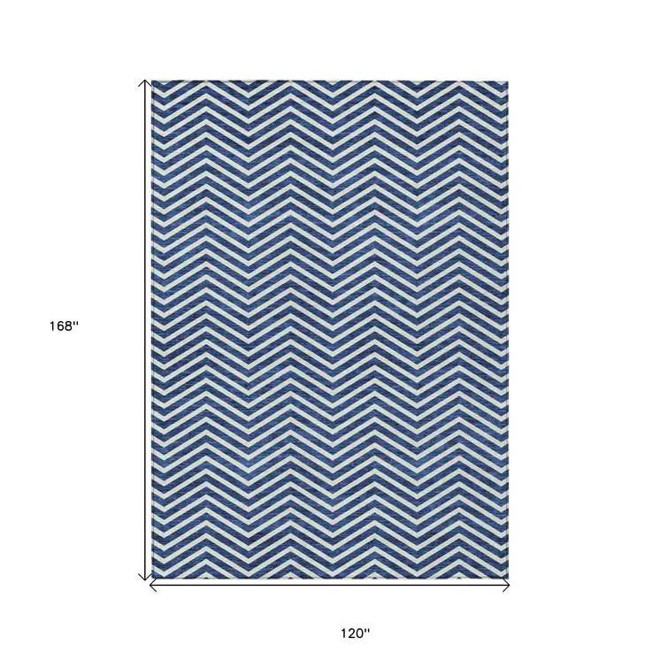 10' X 14' Blue And Ivory Chevron Washable Indoor Outdoor Area Rug