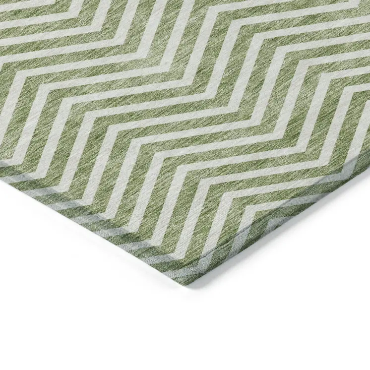 3' X 5' Green And Ivory Chevron Washable Indoor Outdoor Area Rug