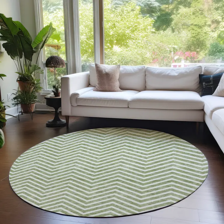 8' Green And Ivory Round Chevron Washable Indoor Outdoor Area Rug