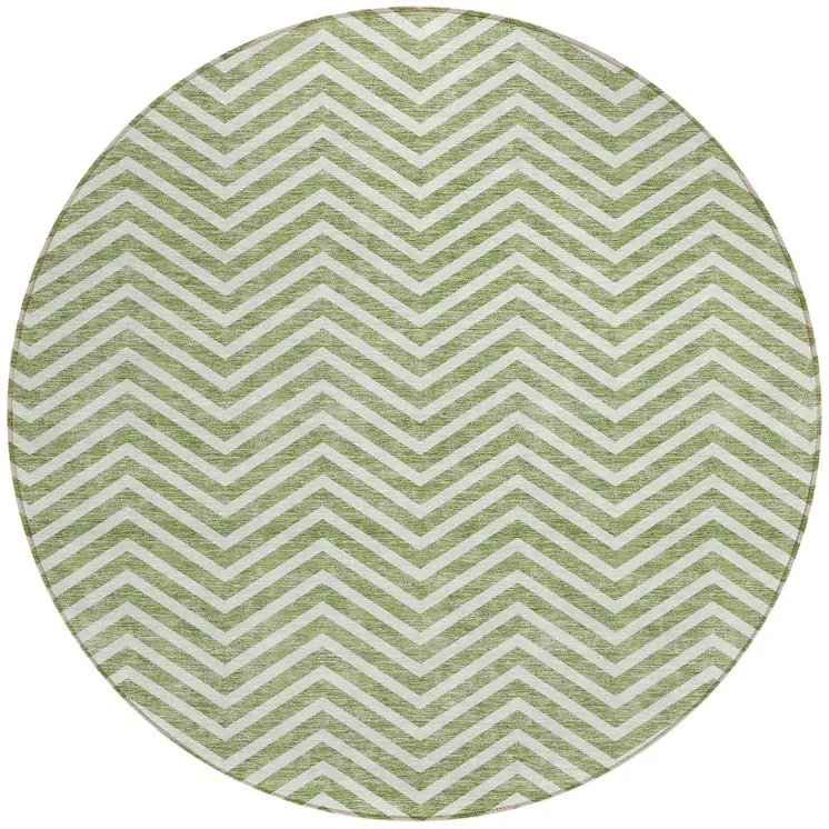 8' Green And Ivory Round Chevron Washable Indoor Outdoor Area Rug