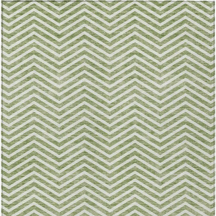 9' X 12' Green And Ivory Chevron Washable Indoor Outdoor Area Rug