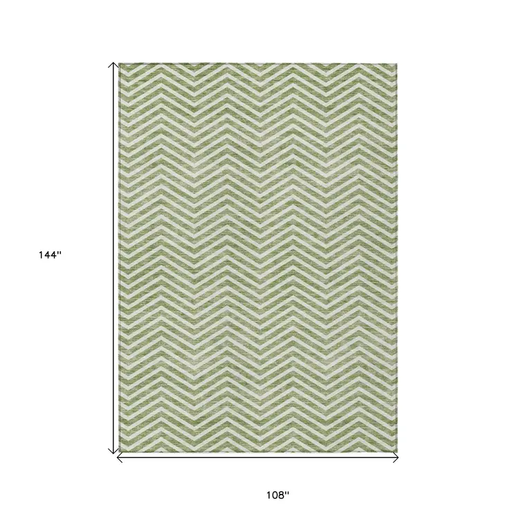 9' X 12' Green And Ivory Chevron Washable Indoor Outdoor Area Rug