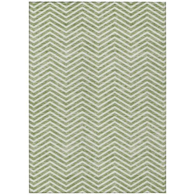9' X 12' Green And Ivory Chevron Washable Indoor Outdoor Area Rug