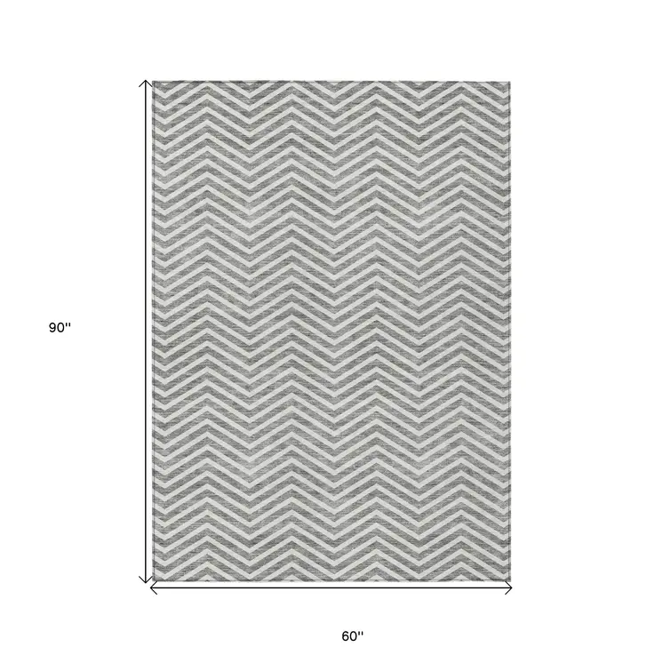 5' X 8' Gray And Ivory Chevron Washable Indoor Outdoor Area Rug