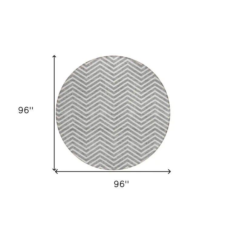 8' Gray And Ivory Round Chevron Washable Indoor Outdoor Area Rug