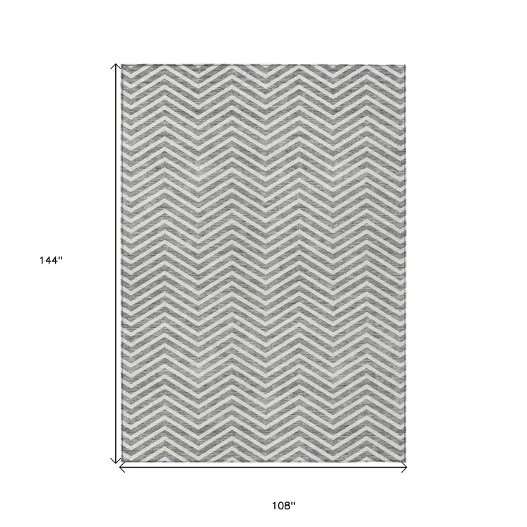 9' X 12' Gray And Ivory Chevron Washable Indoor Outdoor Area Rug