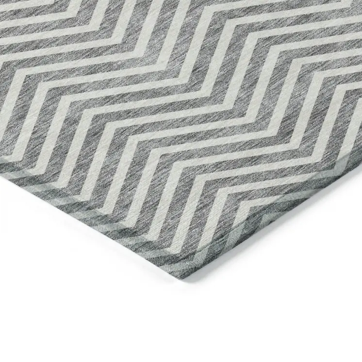 10' X 14' Gray And Ivory Chevron Washable Indoor Outdoor Area Rug