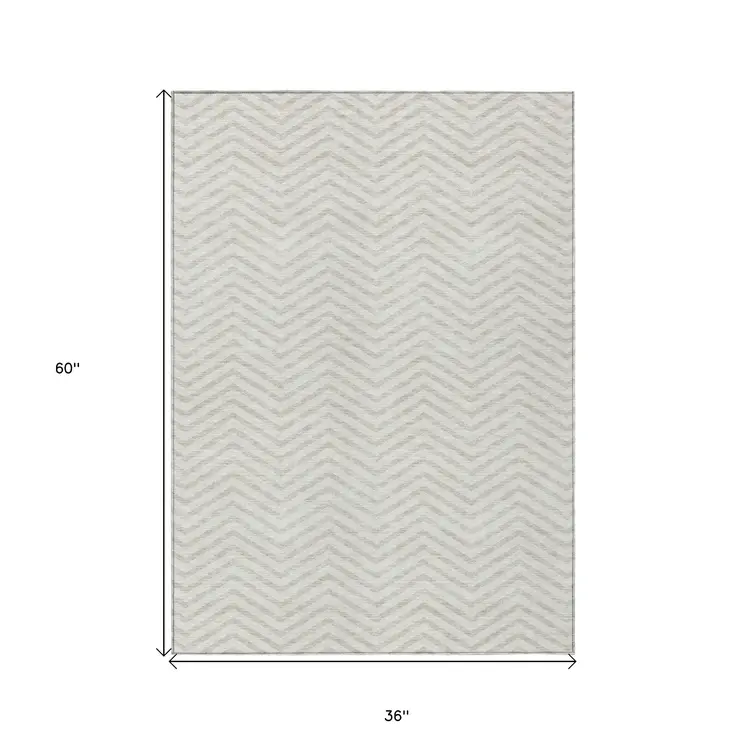 3' X 5' Ivory And Beige Chevron Washable Indoor Outdoor Area Rug