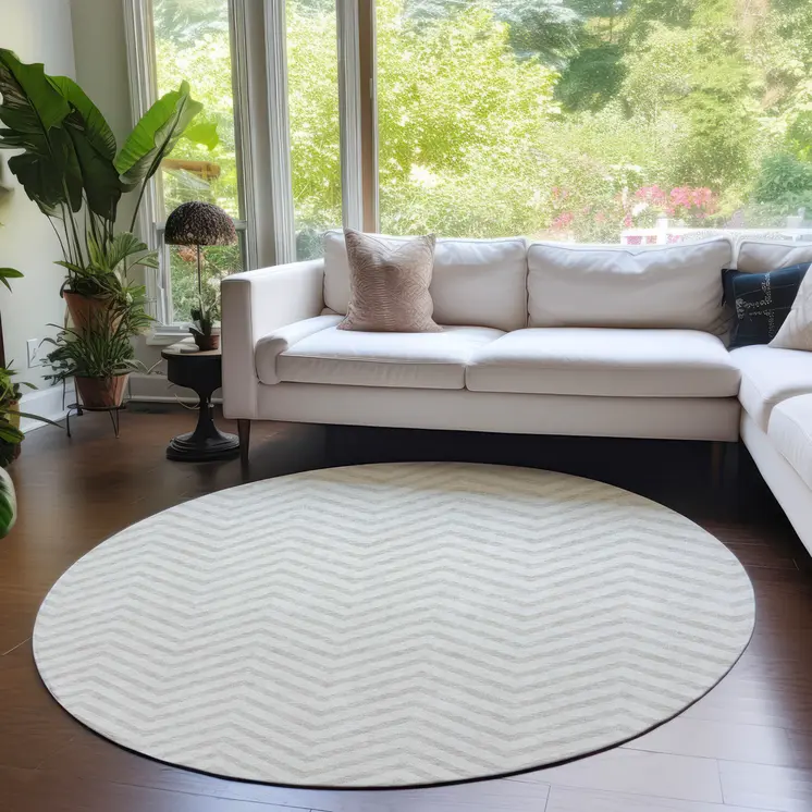 8' Ivory And Beige Round Chevron Washable Indoor Outdoor Area Rug