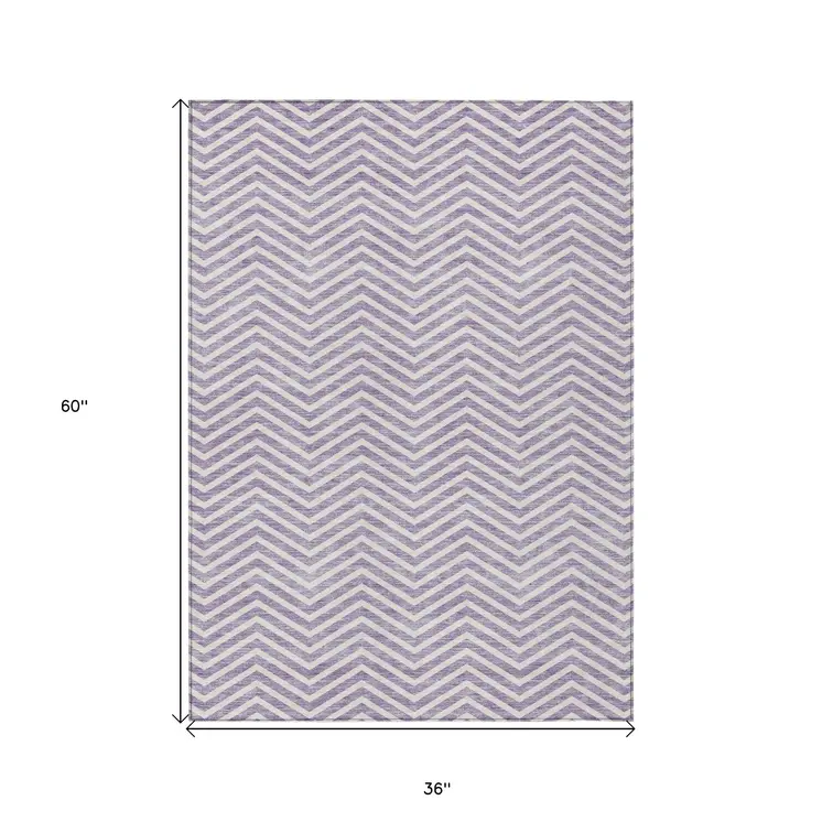 3' X 5' Lilac And Ivory Chevron Washable Indoor Outdoor Area Rug