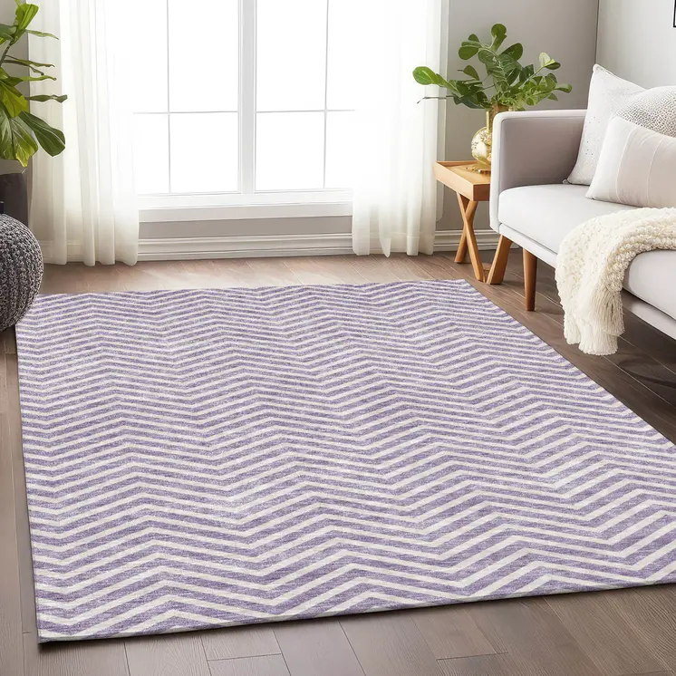 3' X 5' Lilac And Ivory Chevron Washable Indoor Outdoor Area Rug