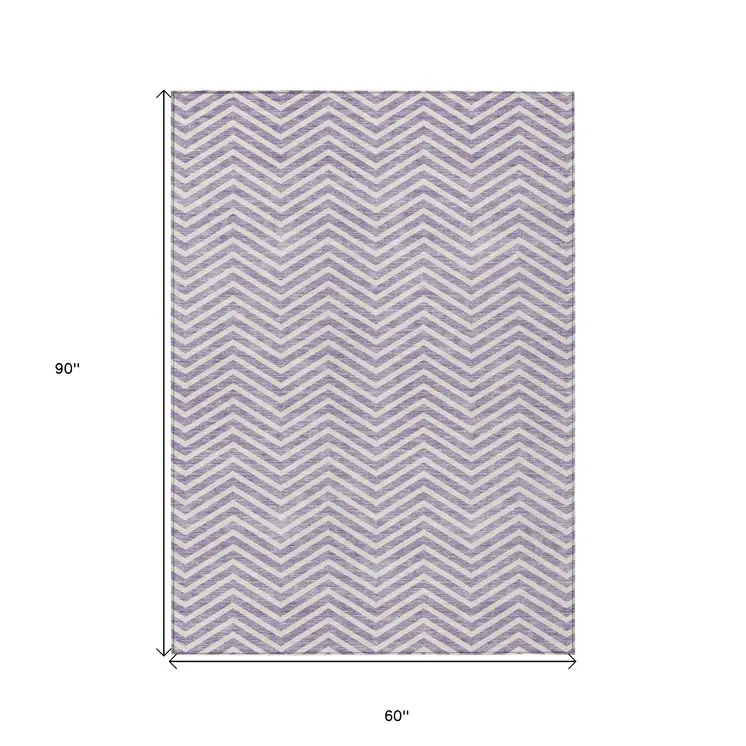 5' X 8' Lilac And Ivory Chevron Washable Indoor Outdoor Area Rug