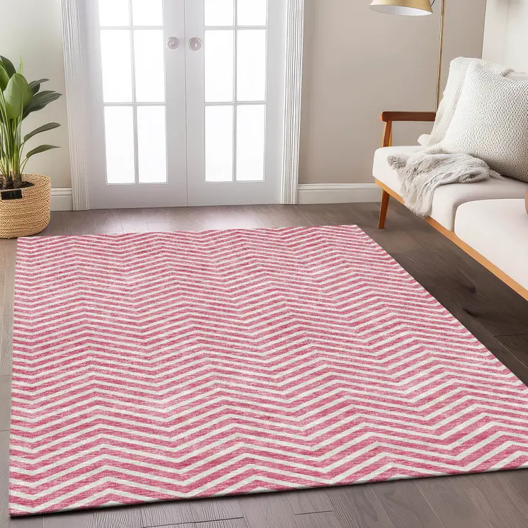 3' X 5' Pink And Ivory Chevron Washable Indoor Outdoor Area Rug