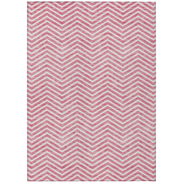 5' X 8' Pink And Ivory Chevron Washable Indoor Outdoor Area Rug
