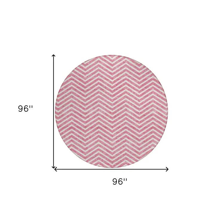 8' Pink And Ivory Round Chevron Washable Indoor Outdoor Area Rug