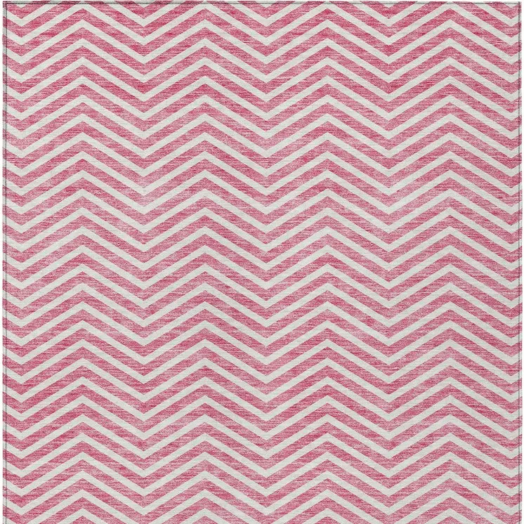 9' X 12' Pink And Ivory Chevron Washable Indoor Outdoor Area Rug