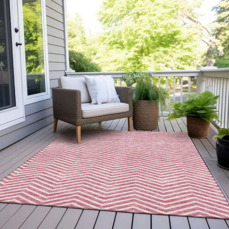 9' X 12' Pink And Ivory Chevron Washable Indoor Outdoor Area Rug