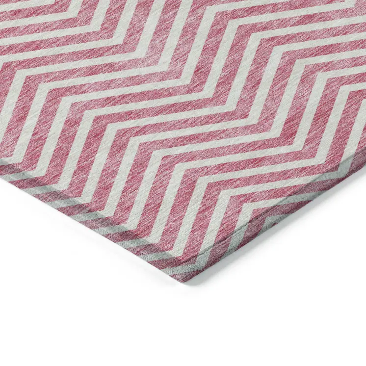 9' X 12' Pink And Ivory Chevron Washable Indoor Outdoor Area Rug
