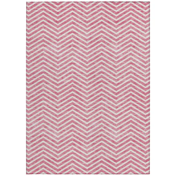 10' X 14' Pink And Ivory Chevron Washable Indoor Outdoor Area Rug
