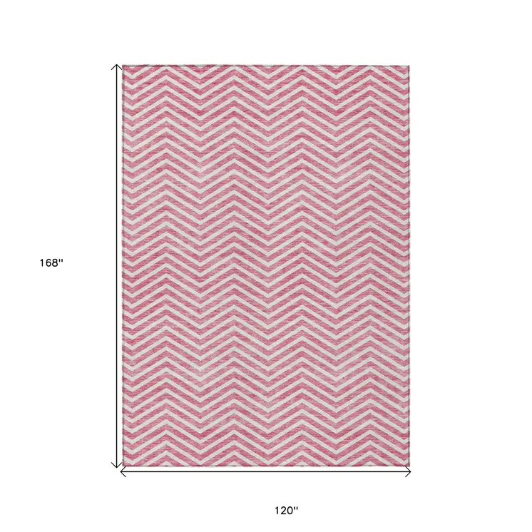 10' X 14' Pink And Ivory Chevron Washable Indoor Outdoor Area Rug