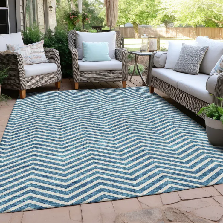 3' X 5' Teal Blue And Ivory Chevron Washable Indoor Outdoor Area Rug