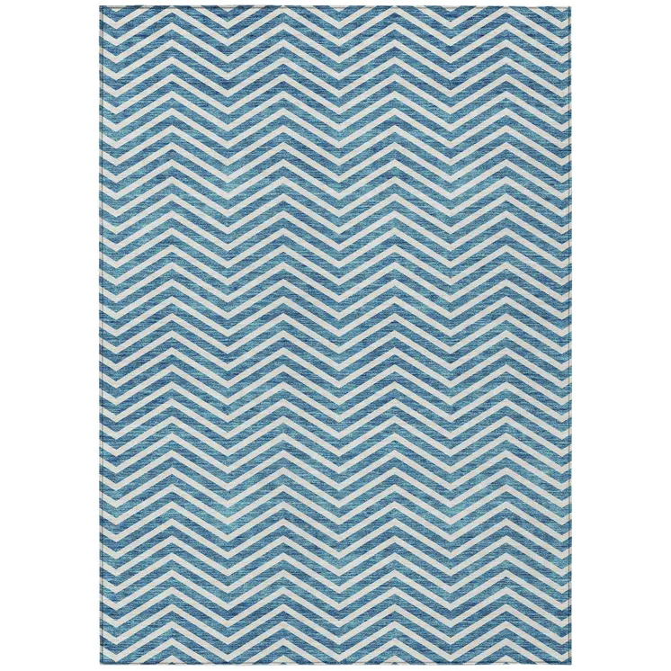 3' X 5' Teal Blue And Ivory Chevron Washable Indoor Outdoor Area Rug