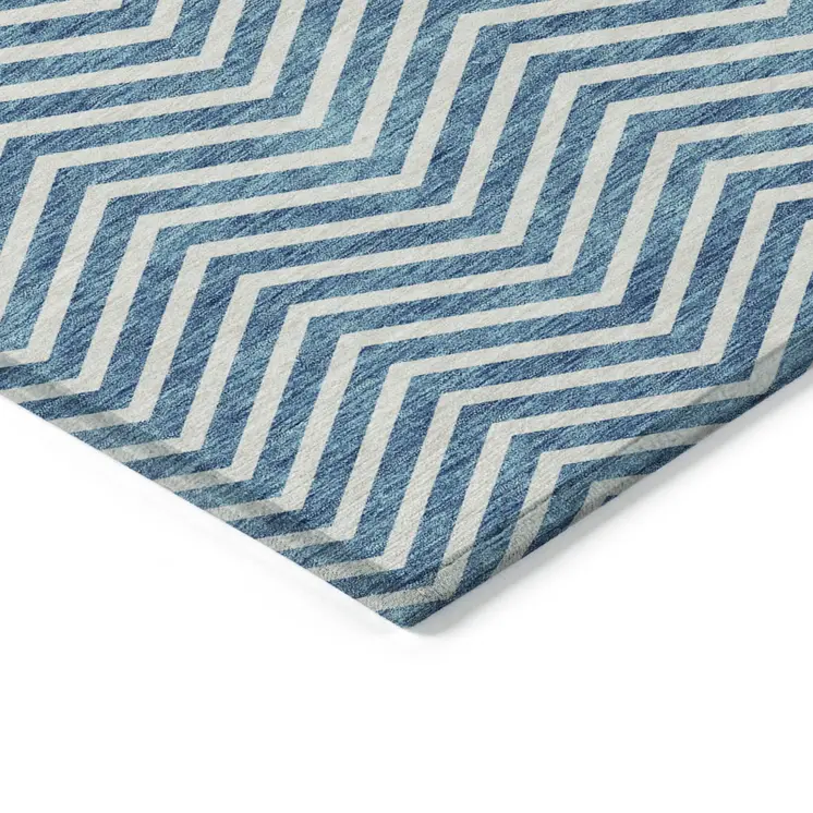 3' X 5' Teal Blue And Ivory Chevron Washable Indoor Outdoor Area Rug