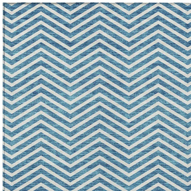 3' X 5' Teal Blue And Ivory Chevron Washable Indoor Outdoor Area Rug