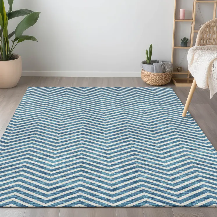 3' X 5' Teal Blue And Ivory Chevron Washable Indoor Outdoor Area Rug