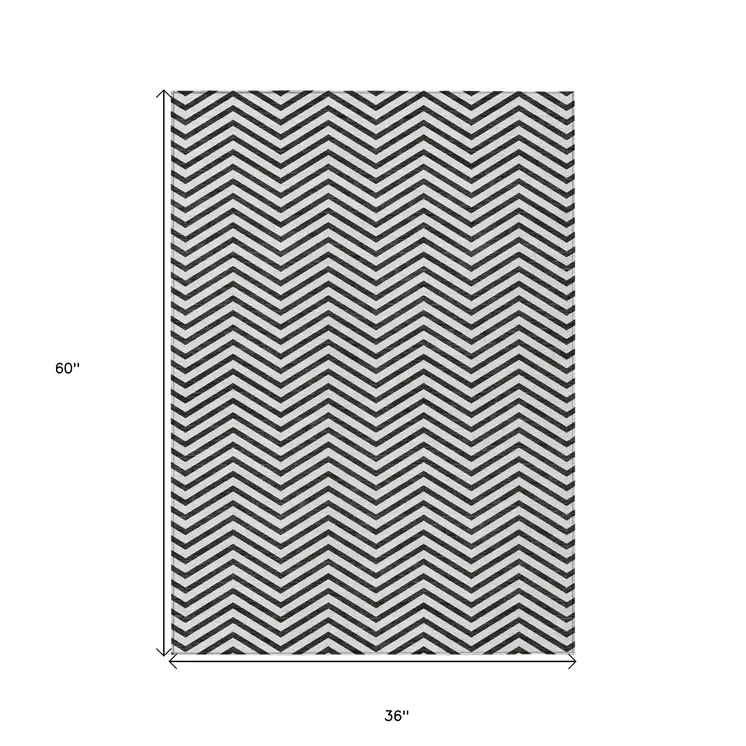 3' X 5' White And Black Chevron Washable Indoor Outdoor Area Rug