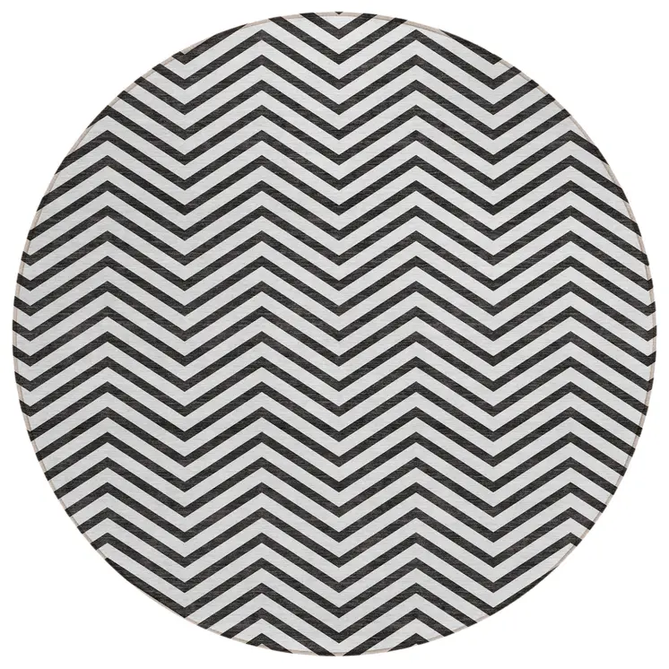 8' White And Black Round Chevron Washable Indoor Outdoor Area Rug